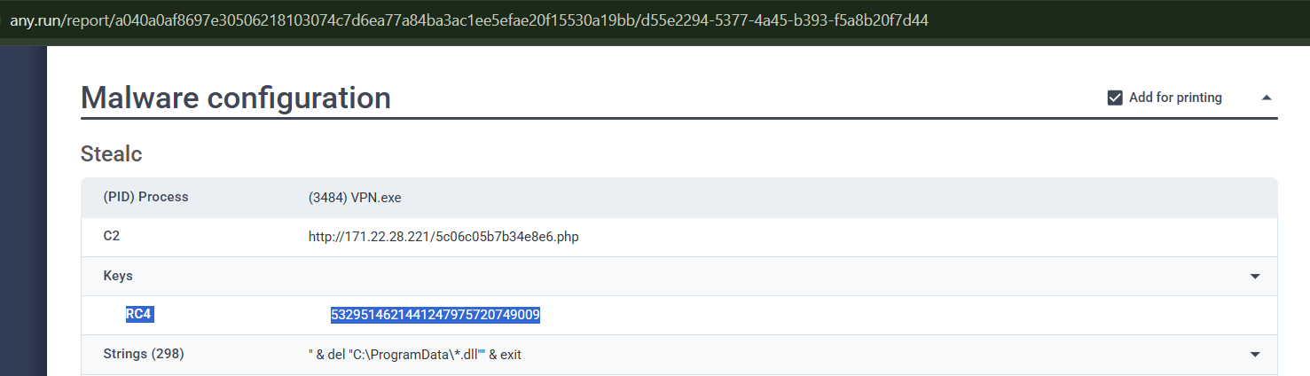 ANY.RUN Malware Configuration panel for Stealc. URL bar shows the full any.run report URL. Section labeled "Stealc". Fields: (PID) Process: (3484) VPN.exe, C2: http://171.22.28.221/5c06c05b7b34e8e6.php, Keys section with RC4 (highlighted in blue): 5329514621441247975720749009 (highlighted in blue), Strings (298): " & del "C:\ProgramData*.dll" & exit.